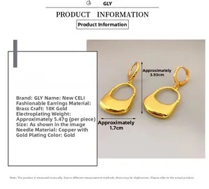 Détails des boucles d'oreilles sac à main plaquées or 18 carats avec dimensions et hauteur