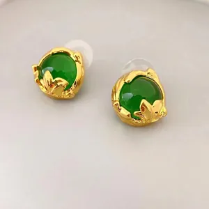 Emerald Green Gemstone Stud Earrings Vintage French Style Brass Gold Plated With 925 Sterling Silver Earring Post For Women