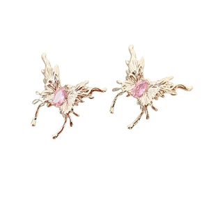 Elegant gold butterfly earrings with pink marquise stones and liquid metal wing details