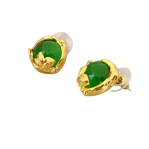 Small emerald gemstone earrings with gold-plated 925 silver base on white background
