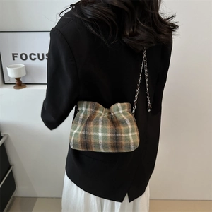 Chic plaid wool cloud bag with chain strap in green and brown patterns for women