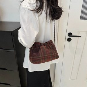 Retro plaid wool bucket bag with drawstring closure and metal chain shoulder strap