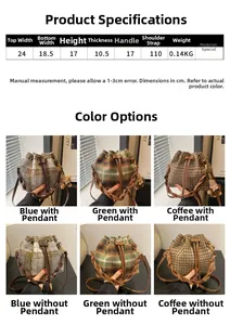 Detailed grid showing plaid bucket bag colors and specific size dimensions chart