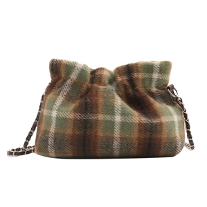Retro plaid wool bucket bag with plush texture and metallic chain shoulder strap for autumn