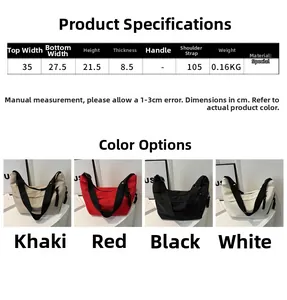 Detailed size chart and dimensions for the nylon hobo crossbody bag in four colors