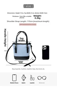 Detailed size chart for the PU leather crossbody bucket bag with dimensions and phone scale