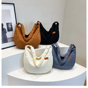 Corduroy crescent tote bags in brown black beige and blue with adjustable strap