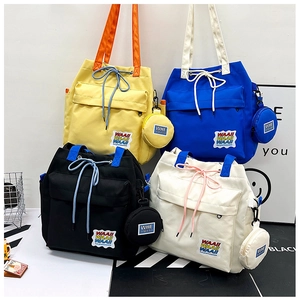 Casual Canvas Nylon Tote Bucket Shoulder Bag Large Capacity College Style Women Students Travel Bag With Mini Coin Purse