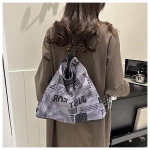 Versatile vintage newspaper print oxford canvas bag with large capacity for women