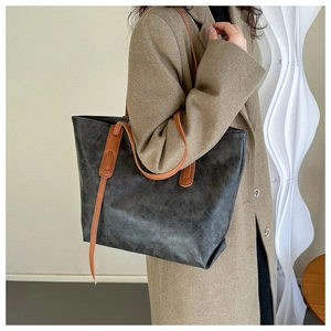 Vintage dark gray tote bag with brown straps and retro cloud texture for women