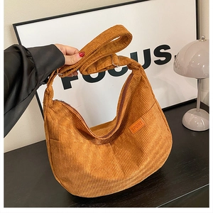 Caramel corduroy tote bag with SPORT leather label and wide shoulder strap