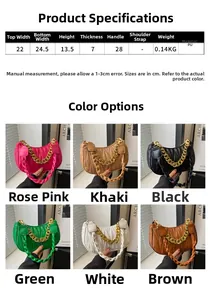 Detail view of V-quilted faux leather shoulder bag with chain strap in six diverse colors