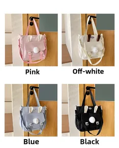 Collage of four large nylon tote bags with bunny ears and pom-poms in diverse colors