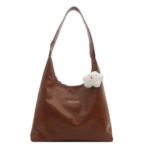 Dark brown high-capacity PU leather tote bag with a white plush dog pendant