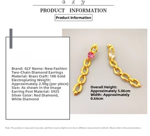 Detail specifications card for gold-plated chain earrings with red heart stones