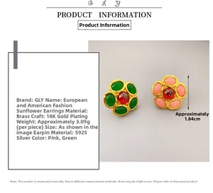 Detail specifications of 925 silver sunflower earrings featuring emerald-cut center stones