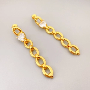 Golden chain drop earrings featuring heart-shaped zircon stones in a sleek link design