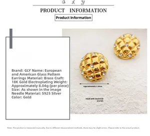 Detailed view of gold pineapple style round earrings with rhinestones and 925 silver pins