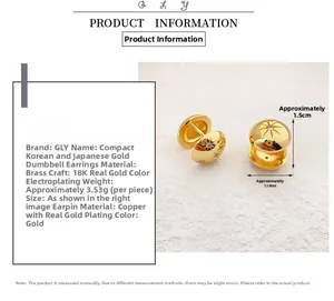 Detail showing 18K gold plated brass stud earring with dimensions 1.5cm by 1.19cm