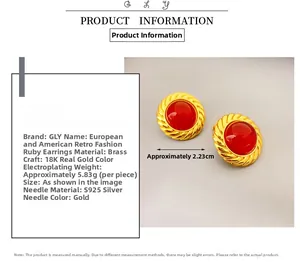 Detail of red agate stud earring with 18K gold plating and S925 silver needles