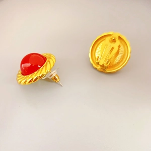 Retro style 925 silver stud earrings with red agate inlay and golden spiral texture