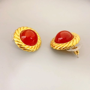 Vintage round 925 silver stud earrings with red agate inlay and gold spiral texture