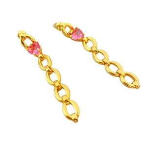 Fashionable gold chain dangle earrings featuring pink heart-shaped crystal gemstones
