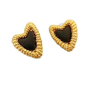 French vintage heart stud earrings with gold woven texture and dark brown resin inlay