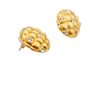 Golden pineapple round stud earrings with quilted diamond pattern and sparkling crystals