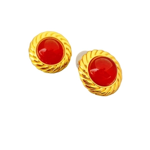 Retro 925 silver stud earrings with red agate inlay and golden rope edge design