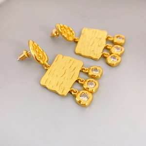 Vintage gold drop earrings with textured rectangle charm and three zircon stones