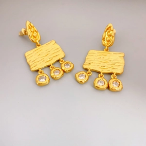 Vintage Copper Drop Earrings Geometric Hammered With Zircon And 925 Sterling Silver Earring Post For Women