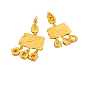 Vintage gold drop earrings with hammered texture and sparkling zircon insets for women