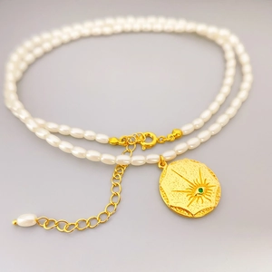 Rice Artificial Pearl Necklace With Round Sun Eye Pendant 18K Gold Plated Brass Green Gemstone Vintage French Chic Jewelry For Women