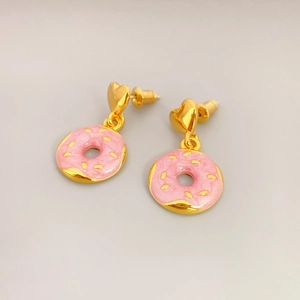 Creative pink donut enamel drop earrings with golden heart studs for women
