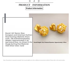 Detail view of 18K gold plated heart earrings with pearls and size specifications