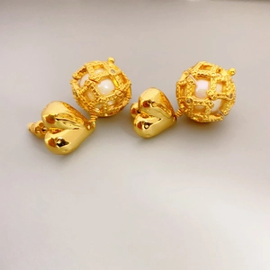 18K gold plated brass heart earrings featuring hollow sphere with white pearl inlay