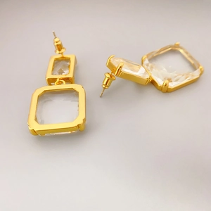 Klassische doppellagige quadratische Kristall-Ohrhänger mit 925er Silbernadel in Gold