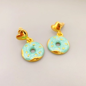 Golden heart studs with light blue enamel donut drops and metallic dot textures