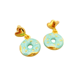 Golden heart studs with light blue enamel donut drops, elegant 925 silver needle earrings