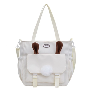 Chic beige nylon tote bag with cute animal ears and adjustable shoulder strap