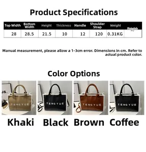 Size chart and color options for plush tote bag with white faux fur trim and PU detail
