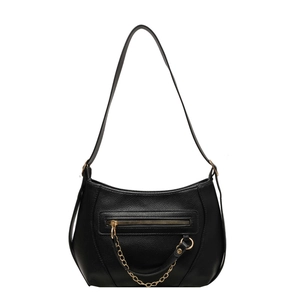 Elegant black lychee grain shoulder bag with gold chain and front zipper detail