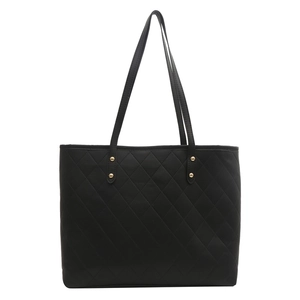 Fashionable black quilted PU leather tote bag with gold rivets and dual shoulder straps