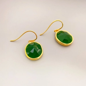 Orecchini A Gancio Calcedonio Verde Smeraldo Ottone Placcato Oro 18K Ovale Sfaccettato Gioielli Retro Eleganti Donna