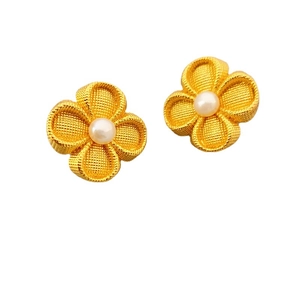 Elegant four-leaf clover earrings with woven texture gold plating and white pearls