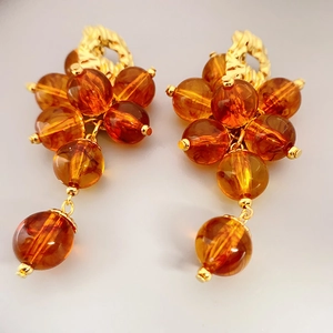 Retro Grape Cluster Drop Earrings With Amber Resin Beads And 925 Sterling Silver Earring Post Vintage Elegant Jewelry For Women