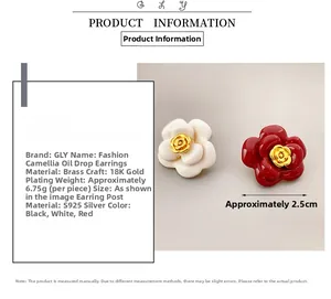 Detail of red and white enamel camellia earrings with S925 silver needles and 18K gold plating