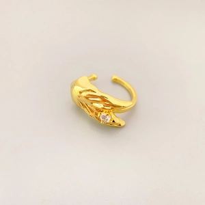 Minimalist 18K gold plated brass open ring with leaf texture and a sparkling zircon stone