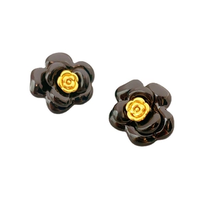 Classic black and gold enamel camellia stud earrings with 925 silver needles